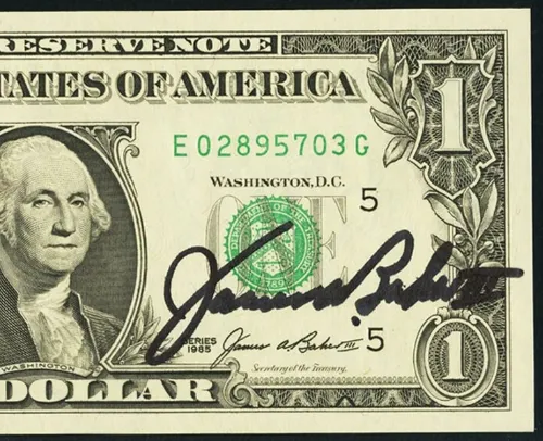 $1 1985 Federal Reserve Note. James Baker courtesy autograph.