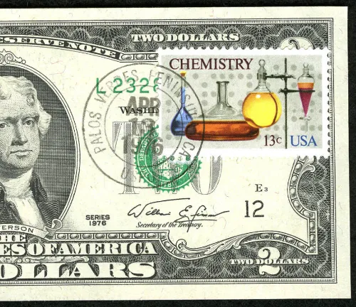 $2 1976 Federal Reserve Note with First Day Stamp and Postage