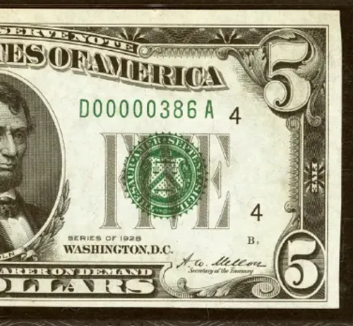 Low serial number D00000386A $5 1928 Federal Reserve Note