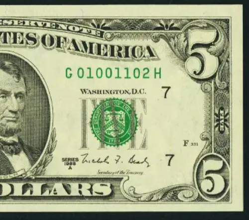 Near True Binary $5 1988A Federal Reserve Note.