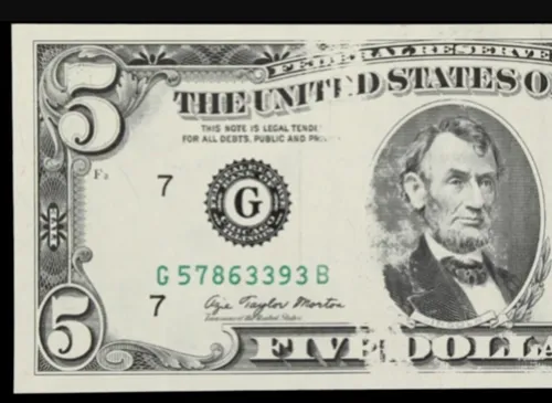 1977 $5 Federal Reserve Note. Chicago. Gem Uncirculated. Board Break Error