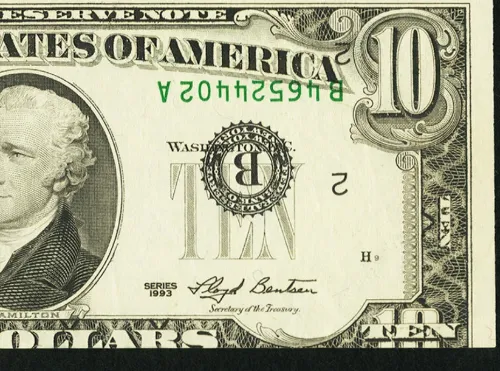 Inverted Overprint Fr. 2030-B $10 1993 Federal Reserve Note. 