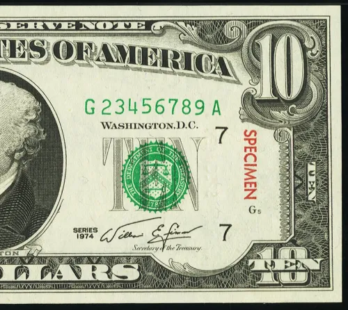 $10 1974 Specimen Federal Reserve Note.