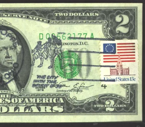 1976 $2 Federal Reserve Note with stamp